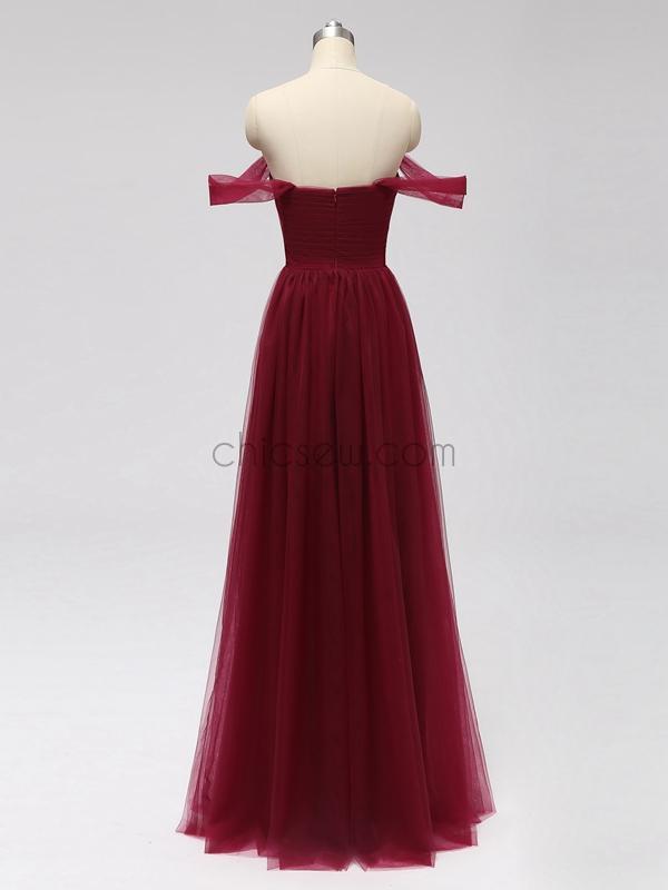 A-line Tulle Off the Shoulder Long Bridesmaid Dresses SDP1123  PePtAa