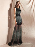 Black Mermaid Sleeveless Tulle Sparkly Prom Dress, YKX026