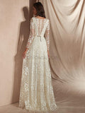 Long Sleeve A-line Lace Elegant Beaded Wedding Dress, YKX028