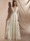 Long Sleeve A-line Lace Elegant Beaded Wedding Dress, YKX028