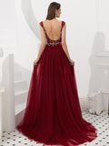 Luxury Beaded A-line Sleeveless Tulle Backless Prom Dress, YKX029