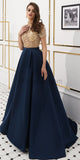 Elegant A-line Satin High Neck Beaded 1/4 Sleeves Prom Dress, YKX033