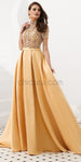 Elegant A-line Satin High Neck Beaded 1/4 Sleeves Prom Dress, YKX033