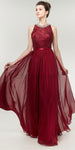 Burgundy A-line Chiffon Sleeveless Beaded Lace Top Bridesmaid Dresses, YKX037