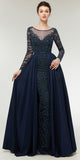 Luxury A-line Navy Blue Beaded Long Sleeves Satin Prom Dress, YKX039