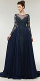 Luxury A-line Navy Blue Beaded Long Sleeves Satin Prom Dress, YKX039