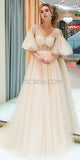 V-neck Beaded A-line Tulle Slit Half Sleeve Sequin Prom Dress, YKX049