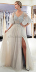 V-neck Beaded A-line Tulle Slit Half Sleeve Sequin Prom Dress, YKX049