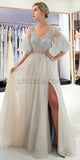 V-neck Beaded A-line Tulle Slit Half Sleeve Sequin Prom Dress, YKX049