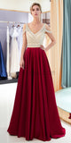 Off Shoulder A-line Satin V-neck Backless Beaded Prom Dress, YKX050