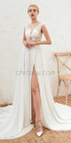 Cap Sleeve Round Neck Lace A-line Slit Popular Wedding Dresses, YKX080