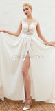 Cap Sleeve Round Neck Lace A-line Slit Popular Wedding Dresses, YKX080