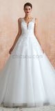 A-line Tulle Elegant Applique Sleeveless Lace Wedding Dresses, YKX085