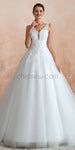 A-line Tulle Elegant Applique Sleeveless Lace Wedding Dresses, YKX085