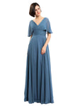 A-line V-neck Cap Sleeves Sleeves Chiffon Long Bridesmaid Dresses