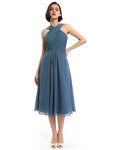 A-line Sleeveless Criss-cross Halter Tea-length Bridesmaid Dresses