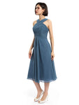 A-line Sleeveless Criss-cross Halter Tea-length Bridesmaid Dresses