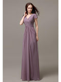 Elegant V-neck Short Sleeves A-line Floor-Length Bridesmaid Dresses