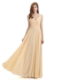 Simple V-neck Chiffon Floor-Length Long Bridesmaid Dresses