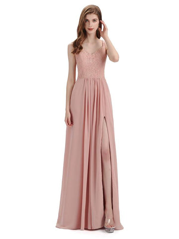 Simple V-neck Chiffon Floor-Length Side Slit Long Bridesmaid Dresses