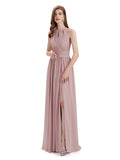 A-Line Halter Chiffon Pleats Floor Length Bridesmaid Dresses