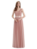 Elegant A-Line V-Neck Lace Chiffon Long Bridesmaid Dresses