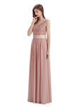 Elegant A-Line V-Neck Lace Chiffon Long Bridesmaid Dresses