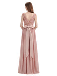 Elegant A-Line V-Neck Lace Chiffon Long Bridesmaid Dresses