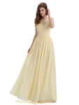 A-Line Round Neck Lace Pleats Floor Length Bridesmaid Dresses