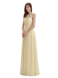 A-Line Round Neck Lace Pleats Floor Length Bridesmaid Dresses