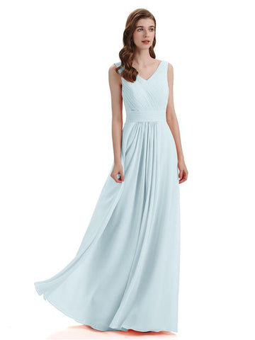 A-Line V-Neck Pleats Chiffon Long Bridesmaid Dresses