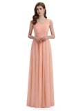 A-Line V-Neck Pleats Chiffon Long Bridesmaid Dresses