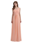 A-Line V-Neck Pleats Chiffon Long Bridesmaid Dresses