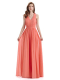 A-Line Sleeveless Pleats Chiffon Cheap Long Bridesmaid Dresses