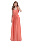 A-Line Sleeveless Pleats Chiffon Cheap Long Bridesmaid Dresses