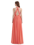 A-Line Sleeveless Pleats Chiffon Cheap Long Bridesmaid Dresses