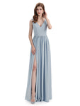 A-Line V-Neck Sleeveless Split Side Chiffon Long Bridesmaid Dresses