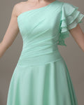 Popular A-line Chiffon One Shoulder Ruffle Sleeves Short Bridesmaid Dresses