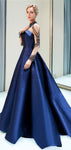 Long Sleeve Satin A-line Zipper Back Beaded Prom Dress, YKX052