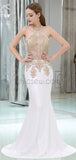 White Mermaid Jersey Sleeveless Applique Floor-Length Prom Dress, YKX059