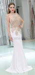 White Mermaid Jersey Sleeveless Applique Floor-Length Prom Dress, YKX059