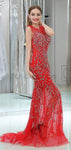 Red Mermaid Open-Back Sleeveless Appliques  Prom Dress, YKX060