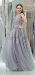 Grey A-line Sleeveless Lace V-neck Tulle Bridesmaid Dresses, YKX066