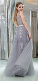 Grey A-line Sleeveless Lace V-neck Tulle Bridesmaid Dresses, YKX066