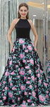 A-line Printed Satin Sleeveless Prom Dress with Pockets, YKX071