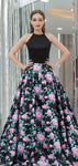 A-line Printed Satin Sleeveless Prom Dress with Pockets, YKX071