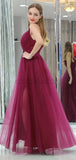 Spaghetti Straps A-line Tulle Deep V-nec Sleeveless Bridesmaid Dresses, YKX073