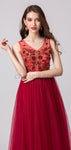 Red A-line Tulle V-neck Sleeveless Beaded Prom Dress, YKX075