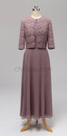 A-Line Round Neck Floor-length Unique Lace Formal Bridesmaid Dresses with Coat, Wedding Guest Dresses LMX1115
