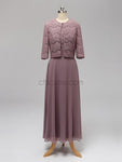 A-Line Round Neck Floor-length Unique Lace Formal Bridesmaid Dresses with Coat, Wedding Guest Dresses LMX1115